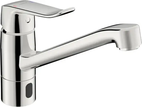 Küchenarmatur von HANSA mit einem schlanken Design und einem langen Auslauf. Der Hebel zur Steuerung der Wassertemperatur befindet sich oben. Oberfläche in Chrom finish.
